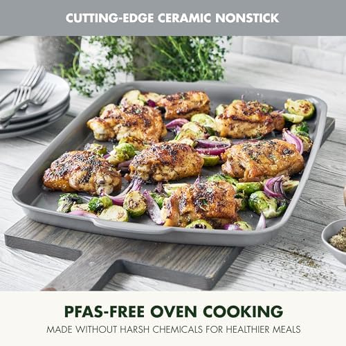 GreenPan Premiere Ovenware Healthy Ceramic Nonstick 18" x 13" Half Rectangular Baking Pan, PFAS-Free, Warp-Free Bakeware, Durable Quick Heating, Oven & Broiler Safe to 600F, Dishwasher Safe, Gray