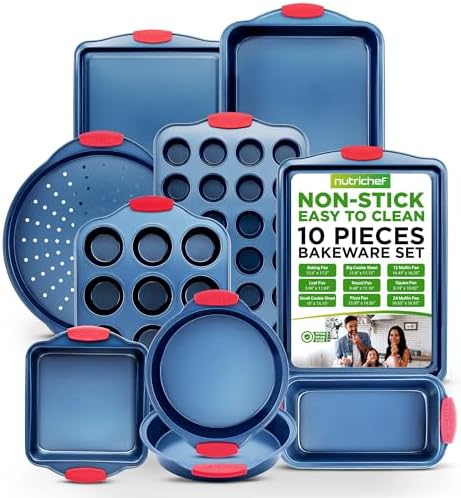 NutriChef 10-Piece Nonstick Bakeware Set - Premium Carbon Steel Baking Pans w/Silicone Handles - Includes Pizza Tray with Holes, 12 & 24 Cup Muffin Pans, Cookie Sheets, Round, Square & Loaf Pan - Blue