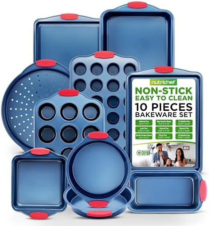 NutriChef 10-Piece Nonstick Bakeware Set - Premium Carbon Steel Baking Pans w/Silicone Handles - Includes Pizza Tray with Holes, 12 & 24 Cup Muffin Pans, Cookie Sheets, Round, Square & Loaf Pan - Blue