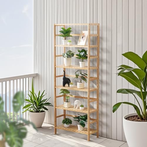VEVOR 6-Tier Bamboo Shelf, Open Wood Bookshelf, Display Storage Rack Organizer, Freestanding Flower Plant Stand, Multifunctional Bamboo Bookshelf Ideal for Bathroom, Bedroom, Office, Study, Natural