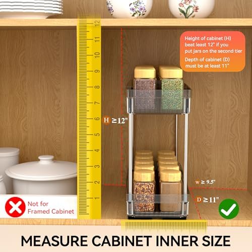 DABIGE 2 Pack Pull Out Spice Rack Organizer for Cabinet, 2 Tier Slide Out Spice Racks Organizer, Spice Cabinet Organizers, Cabinet Size Need:12'' High x 11'' Deep x 5'' Wide, Clear Acrylic