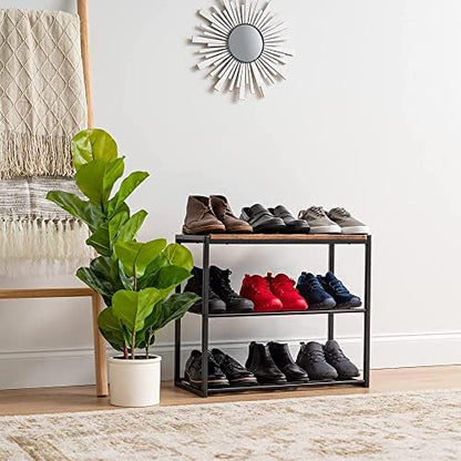 IRIS USA 3-Tier Shoe Rack, Holds 6 Pairs, Wood Metal Bench
