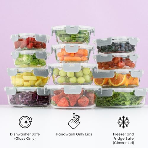 JoyJolt 24pc Borosilicate Glass Storage Containers with Lids | 12 Airtight/Freezer Safe Food Storage Containers for Pantry and Kitchen | Meal Prep Container for Lunch | Glass Tupperware Set