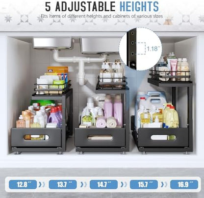 Under Sink Organizer Upgrade To Professional Rails,2-Tier Dual Pull Out Cabinet Storage,Height Adjustable Slide Out Drawers For Bathroom Kitchen,2 Pack-18.5"Dx12.8"-16.9"H,Black