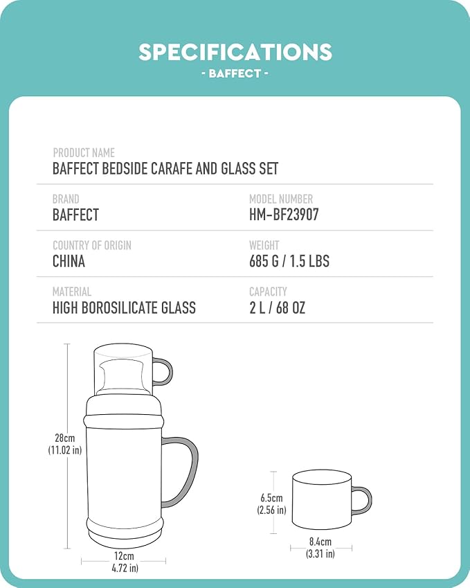 Baffect Bedside Water Carafe And Glass Set, High Borosilicate Glass Pitcher