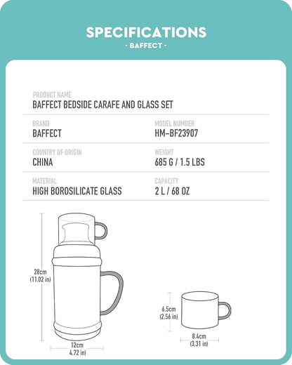 Baffect Bedside Water Carafe And Glass Set, High Borosilicate Glass Pitcher