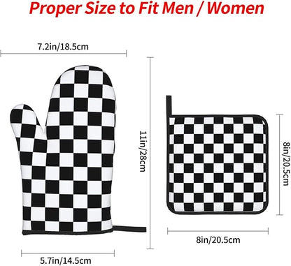Checkered Black and White Plaid Oven Mitts and Pot Holders Set of 4, Heat