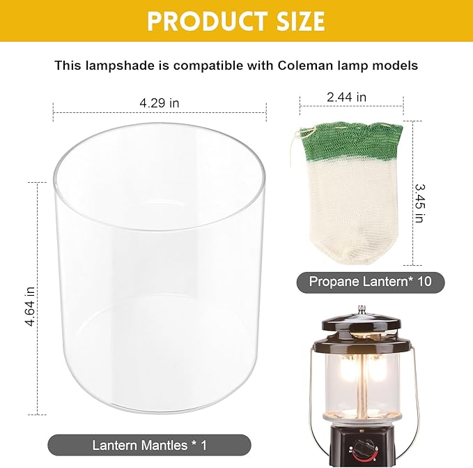 EINDER Propane Lantern Mantles with Lantern Globe Replacement Set Compatible with Coleman Kerosene Lanterns, Camp Lamp Mantle Suitable for Outdoor Camping Propane Lantern - 10 Pack