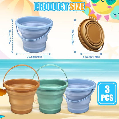 3PCS Foldable Beach Bucket Sandbox Kit Toys for Kid Adult, Collapsible Small Bucket for Washing Camping Fishing, Silicone Sand Pail for Garden Planting, Travel, Beach Summer Toy Gift for Boy Girl