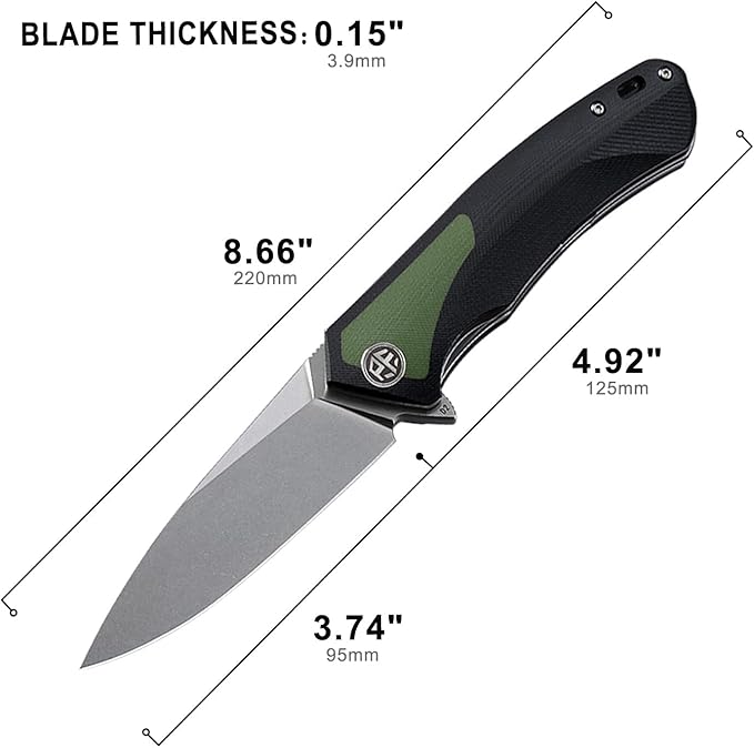 Petrified fish PF838 3.74" D2 steel folding knife outdoor tactical pocket knives G10 handle camping hunting Cutter EDC tool (Green, Stonewash)