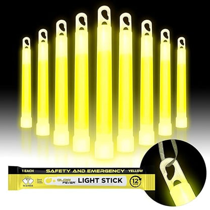 Glow Fever Emergency Safety Military Grade Glow Sticks, 10PCS, 6" Ultra Bright Light Sticks with 12 Hours Duration. Great for Hiking, Party, Camping, Blackouts, Hurricane and Survival Kits (Yellow)