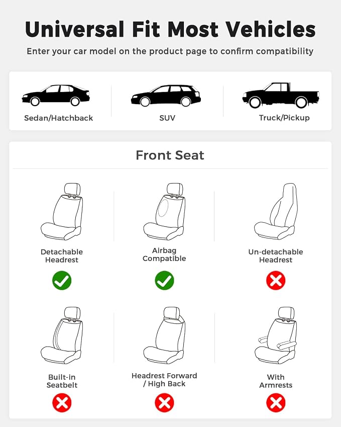 Huidasource Front Seat Covers, Universal Fit for Most Cars SUV Trucks, Full Coverage Nappa Leather Seat Cover, Airbag, Velcro Adjustable, Seat Function Retain, Black&Beige