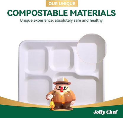 JOLLY CHEF Compostable 𝟱 Compartment Paper Plates 10*8.25*1 𝗶𝗻𝗰𝗵 [𝟭𝟮𝟱 𝗣𝗮𝗰𝗸] Small Heavy Duty Divided Disposable White Eco-Friendly Biodegradable Food Tray for School Lunch Thanksgiving Day
