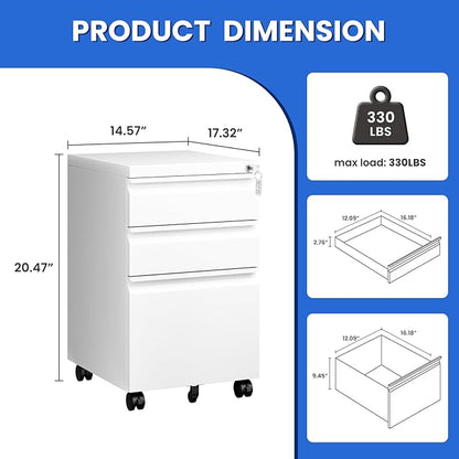 MIIIKO White Filing Cabinet 3 Drawers on Wheels Under Desk, Metal Rolling File