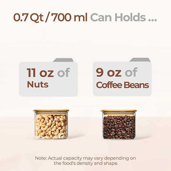 ComSaf 0.7 Qt Rectangle Glass Storage Containers with Lids, Glass Jars with Bamboo Lids, Clear Food Jar, Sugar Coffee Containers, Small Pantry Storage Container for Tea Candy Nuts Spices Oat