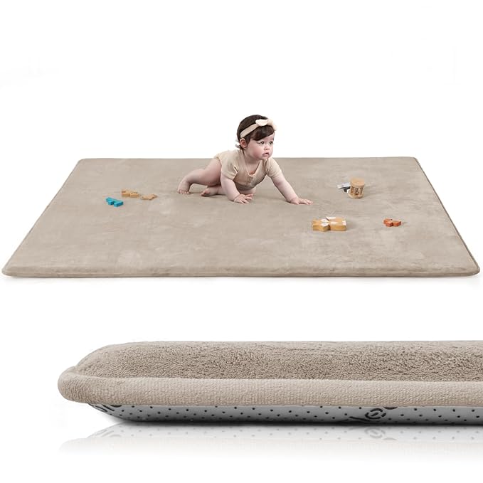 Baby Play Mat for Floor,1.3" Thick Elasti-Foam 50"×74" Playpen Mat for Tummy Time,Water Repellent Soft Coral Velvet for Toddler,Infant,Kids,Non-Slip Backing Safe for Crawling(Beige)