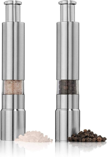 Salt and Pepper Grinder Set of 2, Stainless Steel Push Button Grinder Modern