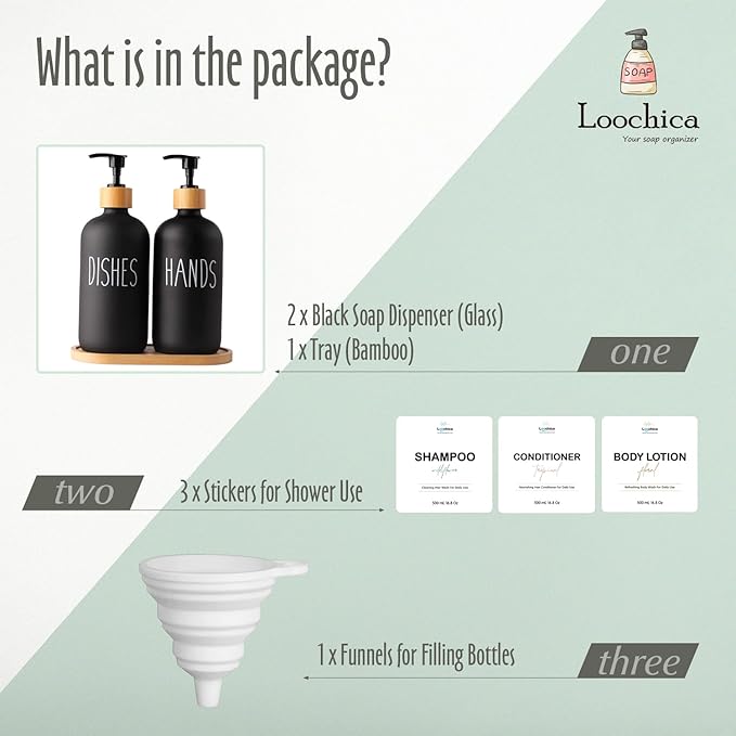 LOOCHICA 2 Pack Black Glass Soap Dispenser Set