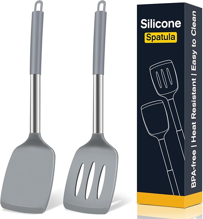 2 Pack Silicone Spatula Set, Solid & Slotted Turner