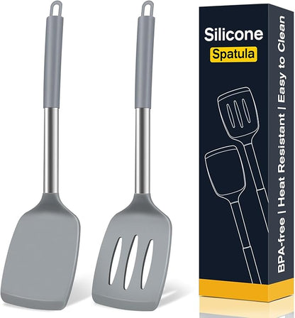 2 Pack Silicone Spatula Set, Solid & Slotted Turner