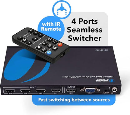 Quad Multi Viewer 4 in 1 Out by OREI HDMI Switcher 4 Ports Seamless Switcher
