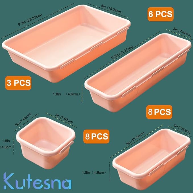 Kutesna 25 PCS Pink Drawer Organizer Set, 4 Size Interlocking Plastic Storage