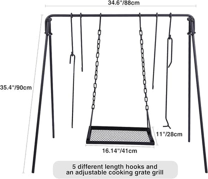 REDCAMP Swing Campfire Grill Stand - Collapsible Campfire Cooking Rack with 6 Hooks & Iron Grill Grate, Portable Dutch Oven Hanger for Outdoor Camping, Cookware, Bonfire, Rectangle