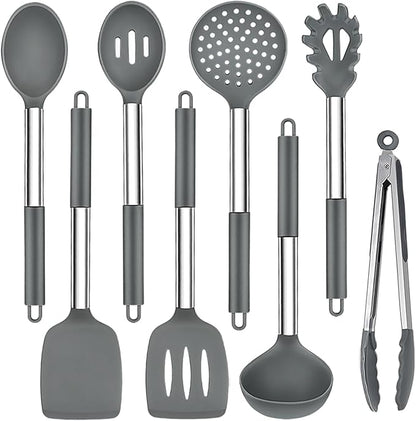 TeamFar Kitchen Utensils, 8PCS Silicone Utensils Kitchen Tools Set with Stainless Steel Handle, for Nonstick Cookware Frying Flipping Draining, Healthy & Anti-heat, Nonstick & Dishwasher Safe - Gray