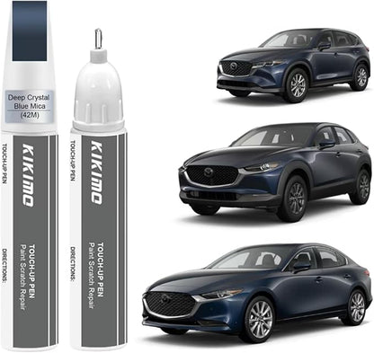 KIKIMO for Mazda Touch Up Paint(Deep Crystal Blue Mica(42M)), Car Paint Repair Kit for Mazda, 2 In 1 Scratches Repair with Pen Tip and Brush, Color-Matched for Quick & Easy Fix