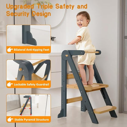 Toddler Tower, Foldable Step Stool for Toddlers, Toddler Kitchen Stool Helper with 3 Adjustable Height Safty Rail and Anti-Tip Structure, Learning Tower for Toddlers Kids Baby