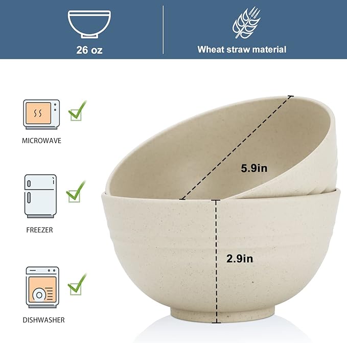 Wrova Wheat Straw Bowl Sets,8 PCS Unbreakable Cereal Bowls 26 OZ,Microwave and Dishwasher Safe Bowls, Kitchen Bowl suitable for cereal,salad,snack and soup (Beige)