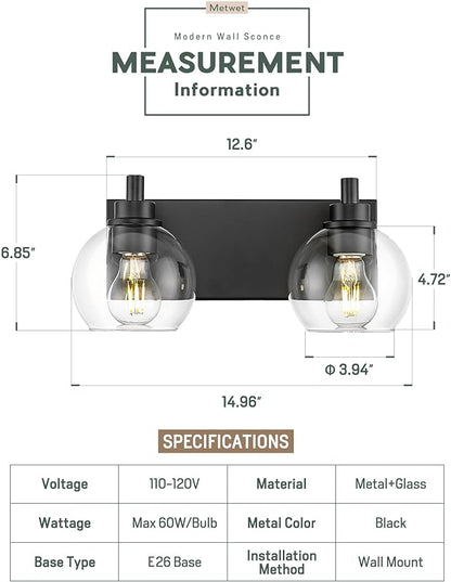 METWET Bathroom Light Fixtures, 2 Light Matte Black Vanity Light, Modern Wall