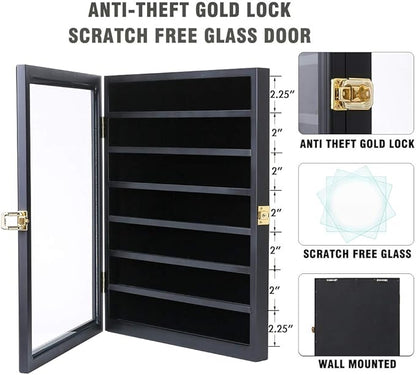 Military Challenge Coin Medals Pins Collector Display Case Lockable Wall Frame Wood Cabinet Black Shadow Box with Removable Shelves and Pinnable Background for Badges Patches Insignia Ribbons Brooches