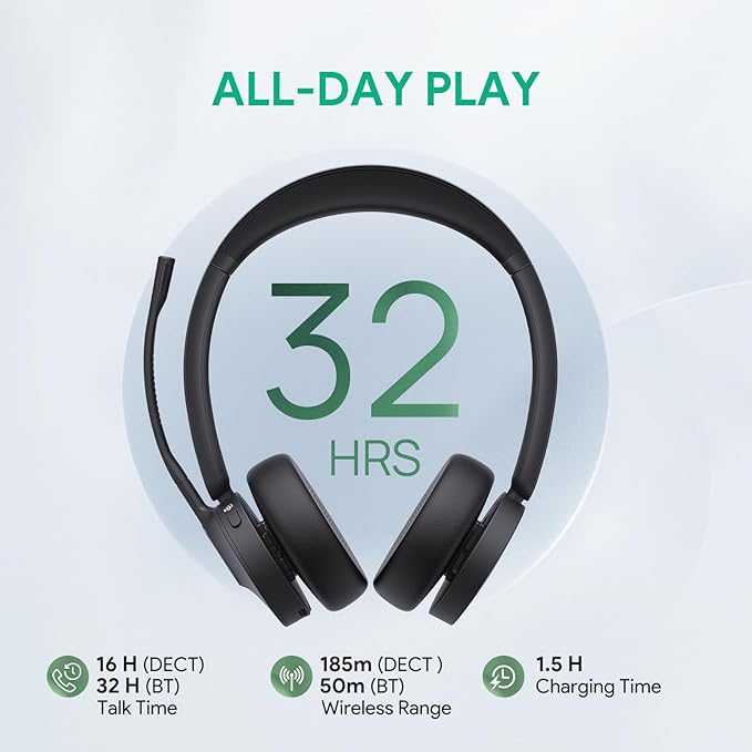 Yealink WH64 DECT & Bluetooth Dual Teams Wireless Headset, 606 ft Range On Ear