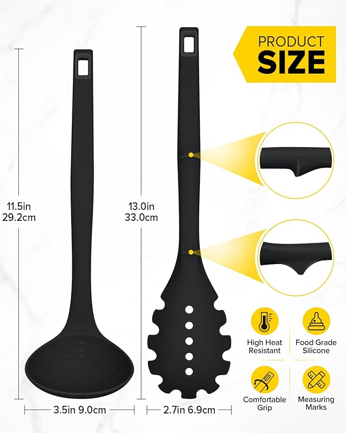 Silicone Pasta Fork and Soup Ladle Set, Heat Resistant Non Stick Kitchen