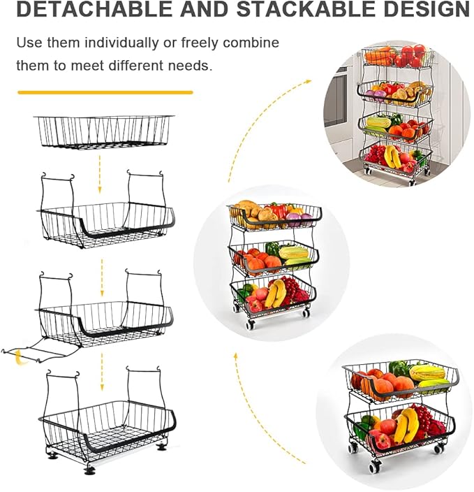 Fruit Vegetable Storage Basket, 4 Tier Stackable Metal Wire Storage Baskets with Wheels, Fruit Vegetable Produce Basket Organizer Bins for Kitchen, Pantry, Bathroom