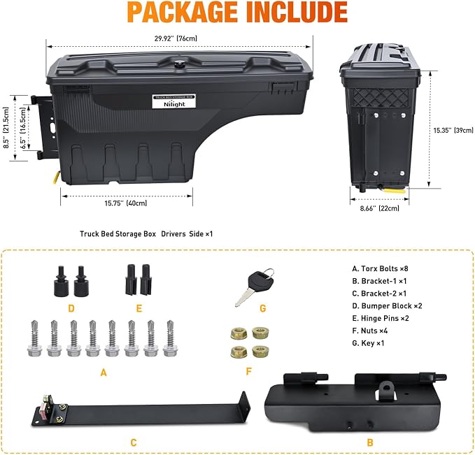 Nilight Truck Bed Tool Box Left Drivers Side Truck Tool Box Fit for Toyota Tundra 2007-2021 ABS Swing Case Truck Bed Storage Box with Lockable Lid Waterproof Wheel Well Toolbox Black