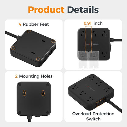 TESSAN Flat Plug Extension Cord 15 Ft, 2100J Surge Protector Power Strip