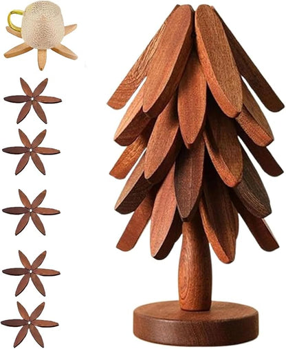Natural Wood Tree Trivet Set, 𝐍atural Tree Trivet Set - 4 Wooden Trivets,4 Wooden 𝐓rivets & 1 Stand Like a Christmas Trees,for Hot Dish,Pot,Bowl,Teapot,Hot Pot Sets (Walnut Finish 5 Trivets,1set)