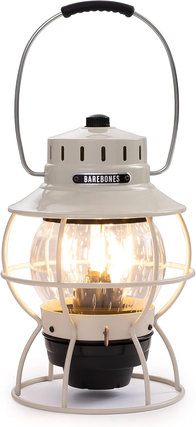 Barebones Railroad Lantern ??Vintage White, Vintage-Inspired LED Camping Lantern with Rechargeable Battery ??Adjustable Brightness Outdoor Light for Camping Gear, Backyard, and Home Decor