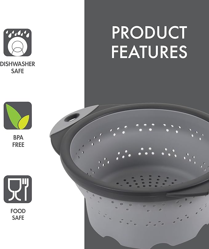 Dexas 8" Collapsible Silicone Colander in Cool Grey, Kitchen Strainer