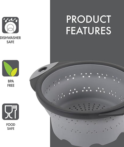 Dexas 8" Collapsible Silicone Colander in Cool Grey, Kitchen Strainer