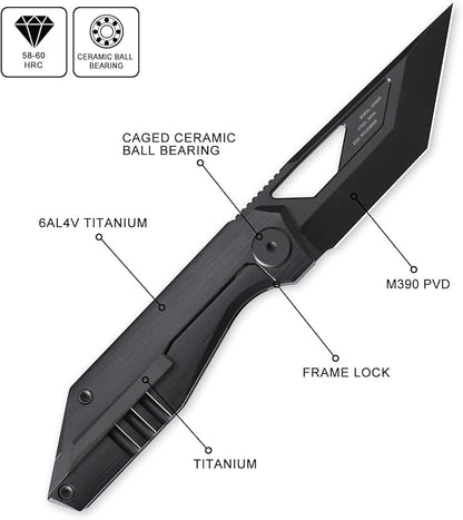 Knife Shimo Folding Knife,2.56" M390 Stonewashed Pocket Knife,3.86" Titanium Handle Frame Lock Thumb Hole & Front Flipper Knife,Small EDC Knife for Outdoor Camping Black