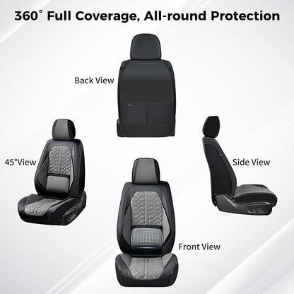 Huidasource Front and Back Seat Covers Universal Fit for Most Cars SUV Trucks, Leather Car Seat Covers Full Set 5 Seats, Full-Cover Pickup Truck Seat Cover with Lumbar Support, Black & Gray