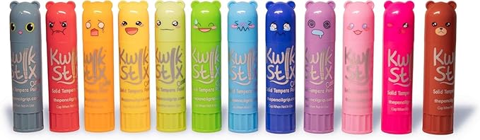 Kwik Stix Cuties Washable Paint Sticks for Kids & Toddlers, 12 Non-Toxic Colors, Quick-Drying, Allergen-Free, Solid Tempera with Cute Caps