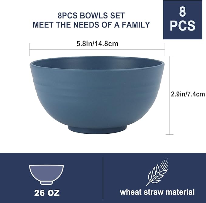 Wheat Straw Bowl Sets,8 PCS Unbreakable Cereal Bowl 26 OZ,Microwave and Dishwasher Safe Bowls,Bowl Sets for Camping and Picnic BPA Free Colorful Salad Bowls for Serving Soup,Oatmeal and Fruit Etc…