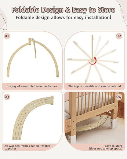 Baby Play Mat Activity Gym,6 Developmental Zones Tummy Time Mat, Foldable Wooden Baby Play Gym with 7 Detachable Sensory Toys for Newborn Brain Development, Essential Baby Shower Set