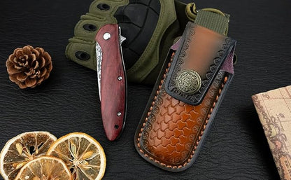 Damascus Pocket Knife with Sheath, 2.87" Damascus Steel Blade Knife with Wood Handle, EDC Folding Knife for Camping Fishing Hiking, Gifts for Men Women