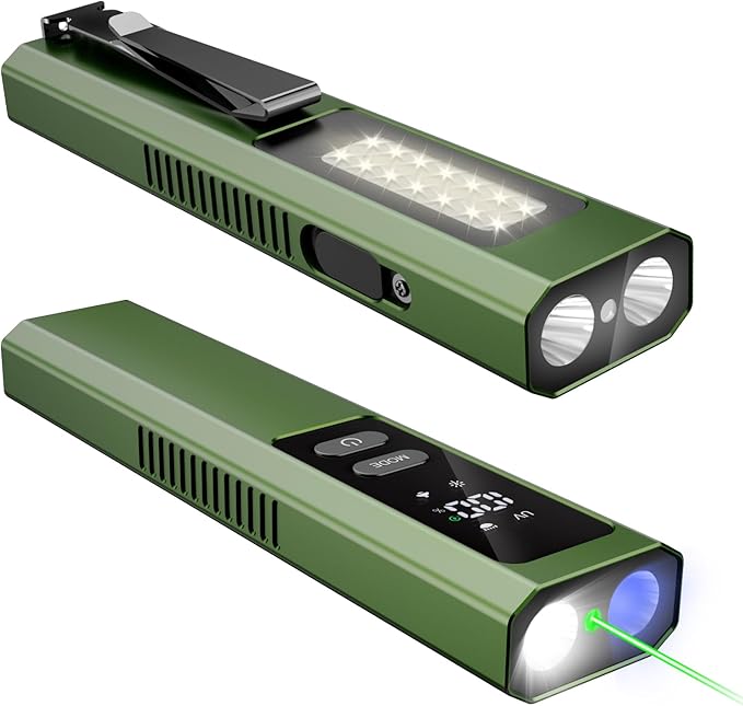 EDC Flashlight 4 in 1 Pocket Magnetic Slim Flat Flashlight High Lumens Work Light with Green Beam & UV Light & Warning Light Combo EDC Rechargeable LT-010 (Green Color)
