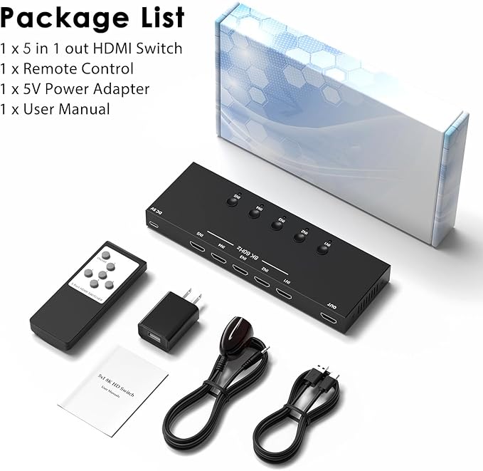 8K@60Hz HDMI 2.1 Switch 5 in 1 Out, 48Gbps Ultra HD 4K 120Hz, HDR10/Dolby Vision